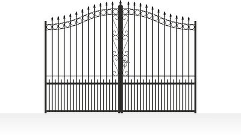 Portail acier travaillé chapeau de gendarme volutes artisanales - vue technique configurateur