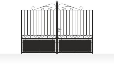 Portail acier droit semi-plein barreaux travaillés artisanal - vue technique configurateur