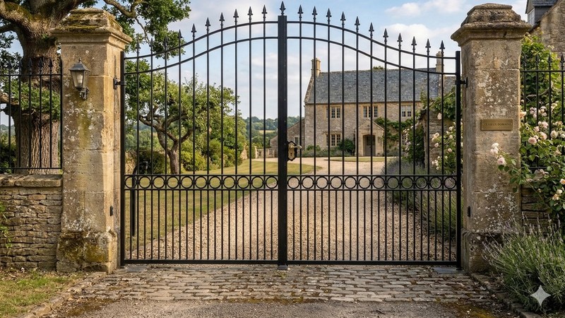 Portail acier chapeau de gendarme ajouré rosaces fer forgé
