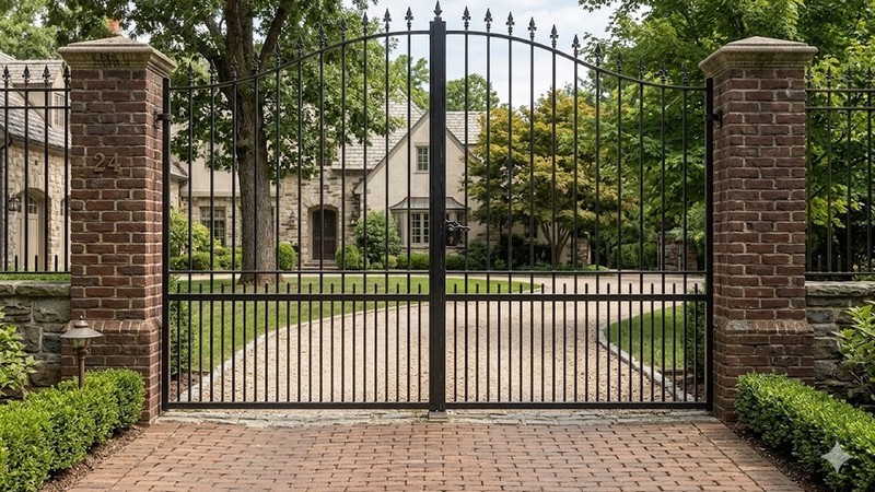 Portail acier chapeau de gendarme ajouré ferronnerie artisanale