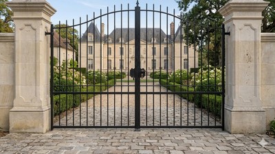 Portail acier chapeau de gendarme ajouré tradition fer forgé