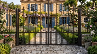Portail acier chapeau de gendarme ajouré ferronnerie artisanale
