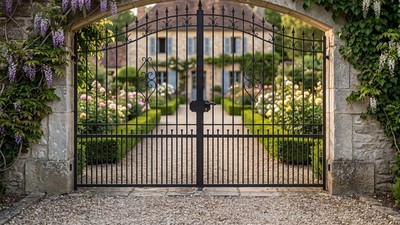 Portail acier chapeau de gendarme ajouré volutes fer forgé