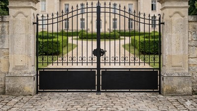 Portail acier travaillé chapeau de gendarme rosaces décoratives