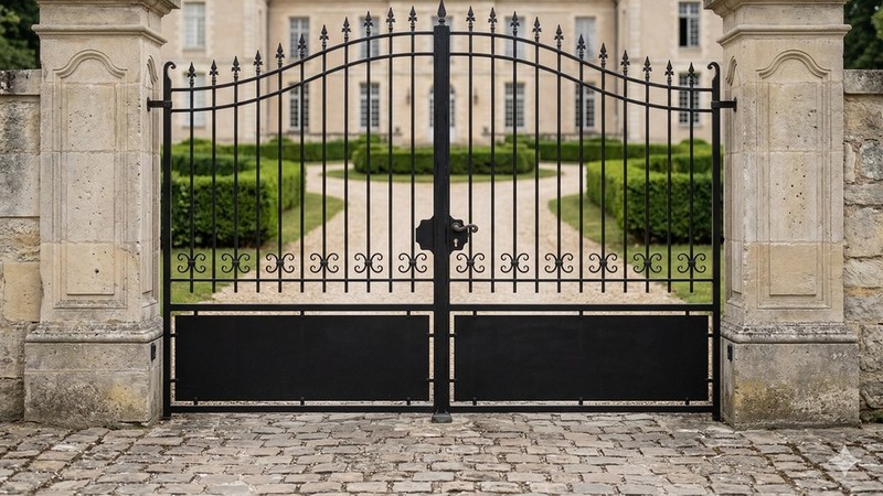 Portail acier travaillé chapeau de gendarme rosaces décoratives