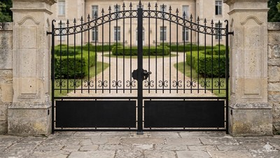 Portail acier travaillé chapeau de gendarme volutes élégantes