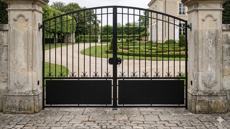 Portail acier travaillé style manoir fer forgé prestige