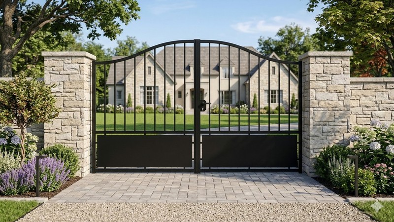 Portail acier travaillé fers de lance semi-plein fer forgé