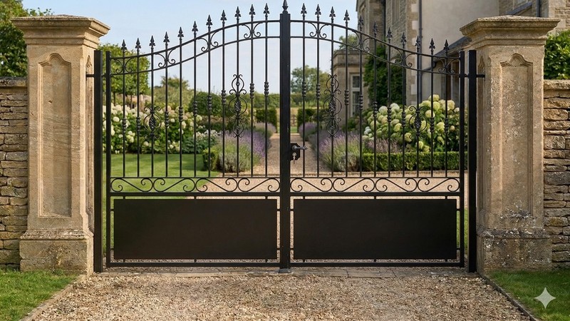 Portail acier travaillé style provençal semi-plein sur mesure