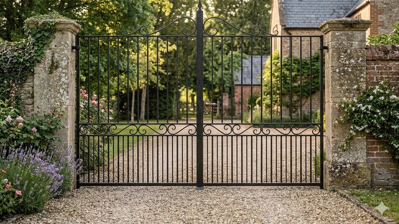 Portail acier ajouré droit barreaux travaillés artisanal