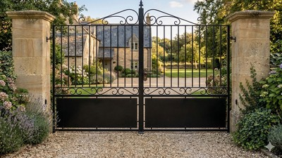 Portail acier droit semi-plein barreaux travaillés artisanal