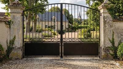 Portail acier travaillé style patrimonial semi-plein fer forgé