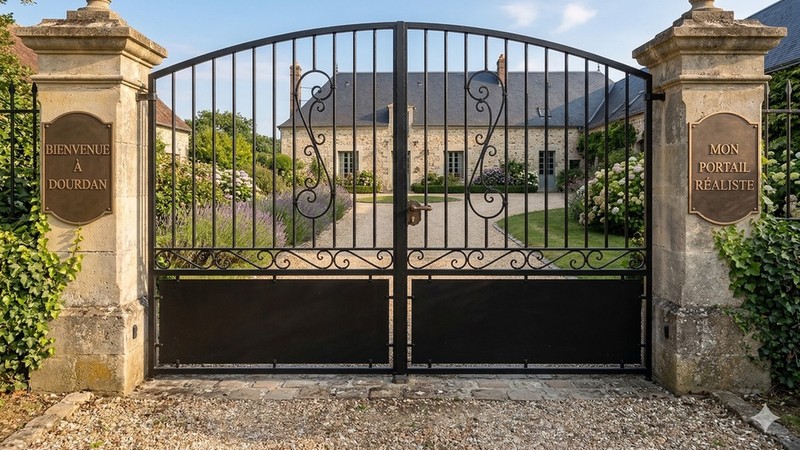 Portail acier travaillé cachet ancien semi-plein sur mesure