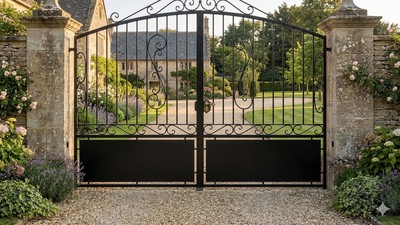 Portail acier travaillé charme rustique semi-plein fer forgé