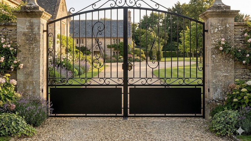 Portail acier travaillé charme rustique semi-plein fer forgé