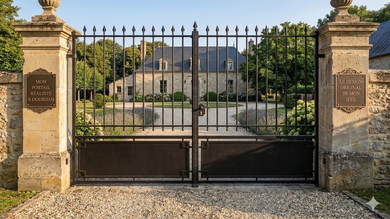 Portail acier droit semi-plein soubassement tôle sur mesure