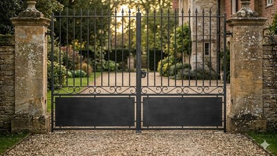 Portail acier droit semi-plein barreaux et tôle sur mesure