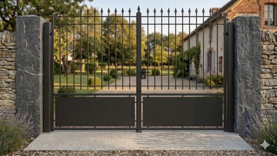 Portail acier droit semi-plein occultant partiel fer forgé