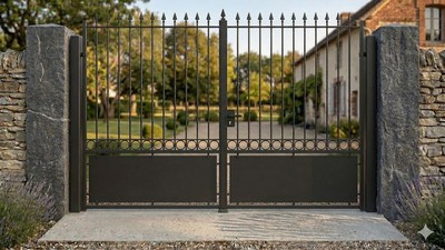 Portail Acier sur Mesure - Droit À Moitié Plein, Pointes, Ronds de Décoration
