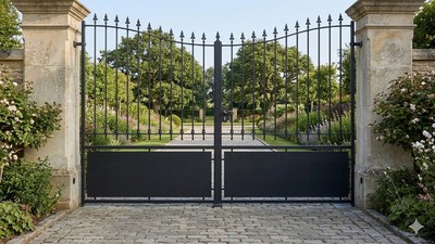 Portail acier droit semi-plein classique fer forgé