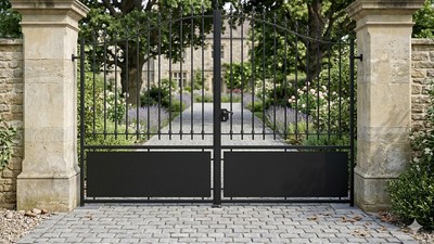 Portail acier chapeau de gendarme semi-plein volutes décoratives