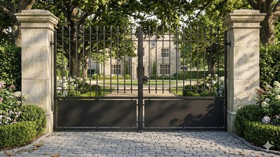 Portail acier droit semi-plein tôle décorative sur mesure