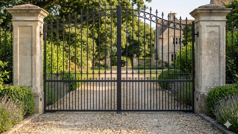 Portail acier travaillé chapeau de gendarme ajouré fer forgé artisanal