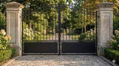 Portail acier travaillé chapeau de gendarme semi-plein fer forgé