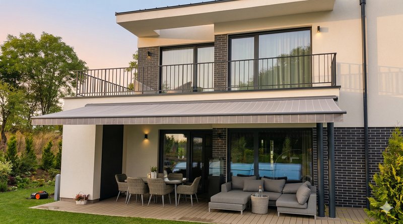 Détail coffre aluminium hermétique store banne compact motorisé Somfy iO