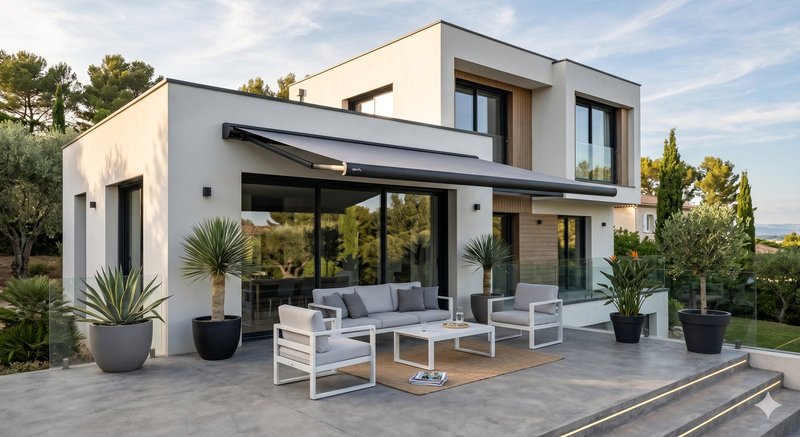 Store banne coffre Design moderne sur villa contemporaine anthracite - LED bras et coffre intégrées