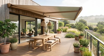 Store banne Design terrasse bois villa contemporaine - 28 coloris sablés premium