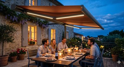 Store banne coffre Premium LED bras et coffre intégrées - ambiance soirée terrasse en pierre