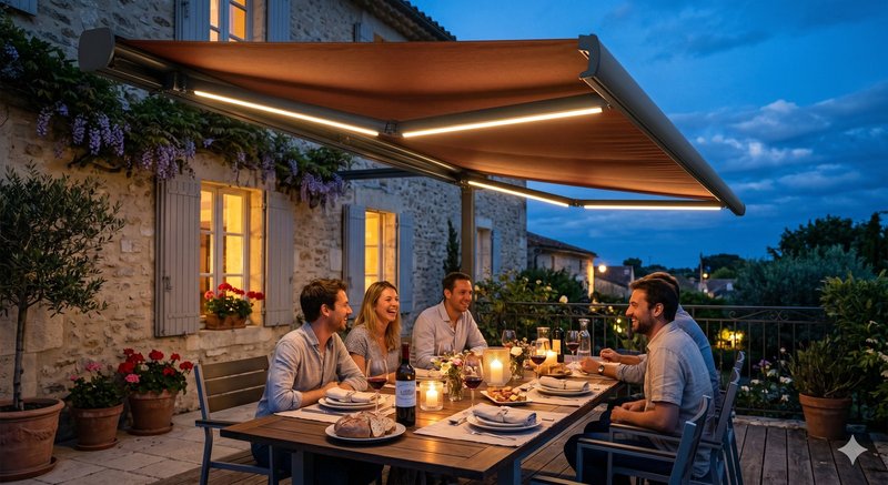 Store banne coffre Premium LED bras et coffre intégrées - ambiance soirée terrasse en pierre