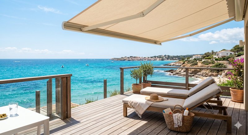 Store banne coffre Premium en bord de mer - protection solaire terrasse vacances