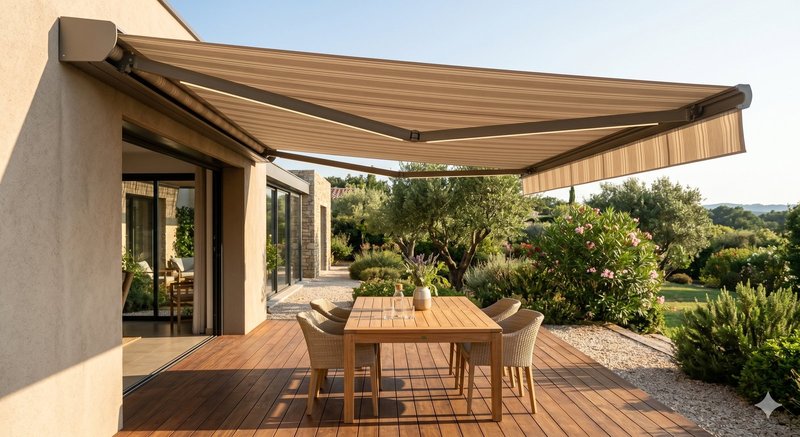 Store banne coffre grande largeur XXL toile rayée - terrasse spacieuse moteur Somfy iO