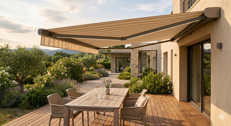 Store banne grande largeur jusqu'à 12 mètres villa provençale moderne - sur mesure