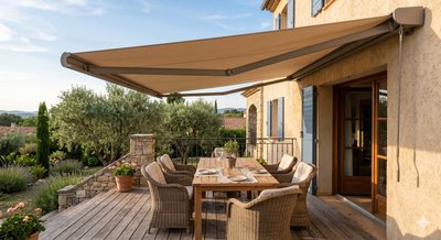 Store banne coffre Confort maison pierre - table à manger terrasse 28 sablés