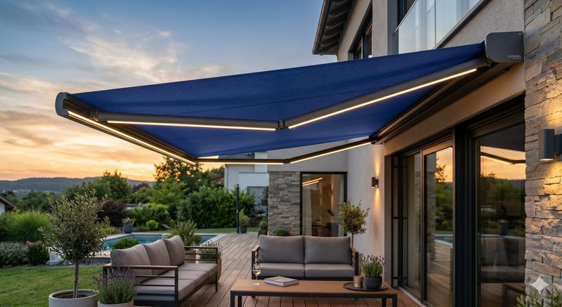 Store banne Confort toile bleue LED bras - salon extérieur fin de journée