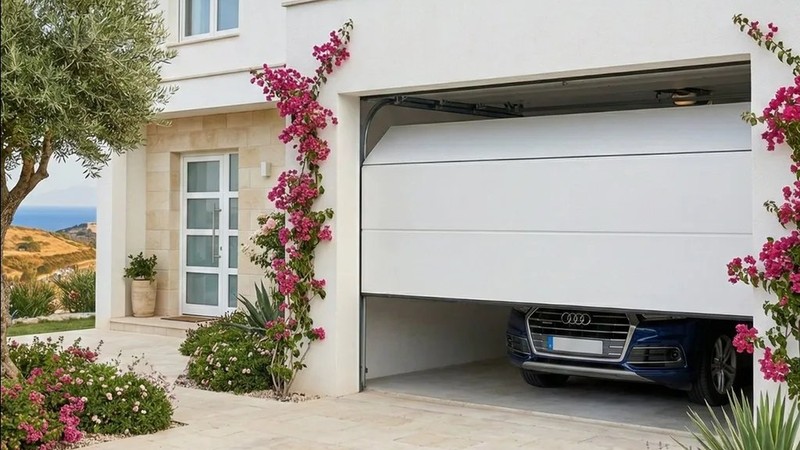 Porte de garage sectionnelle motorisée Somfy blanche ouverte panneaux lisses 40 mm