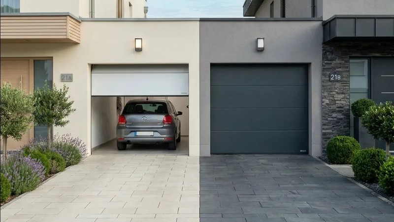 Porte de garage sectionnelle motorisée Somfy comparatif coloris blanc et gris anthracite