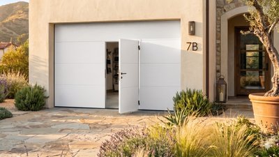 Porte garage sectionnelle blanche avec portillon intégré ouvert — accès piéton facile