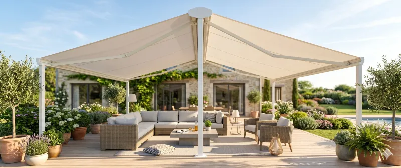 Store banne double-pente Terrasse Jardin - ambiance terrasse familiale toile beige