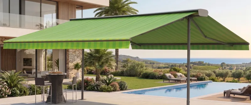 Store banne double-pente Motorisé Somfy iO - villa contemporaine grande dimension