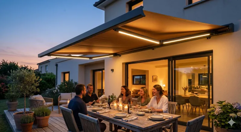 Store banne coffre intégral XXL design motorisé Somfy iO avec LED et Lambrequin Soltis 92