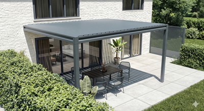 Pergola bioclimatique aluminium sur mesure à lames orientables - terrasse avec salon repas