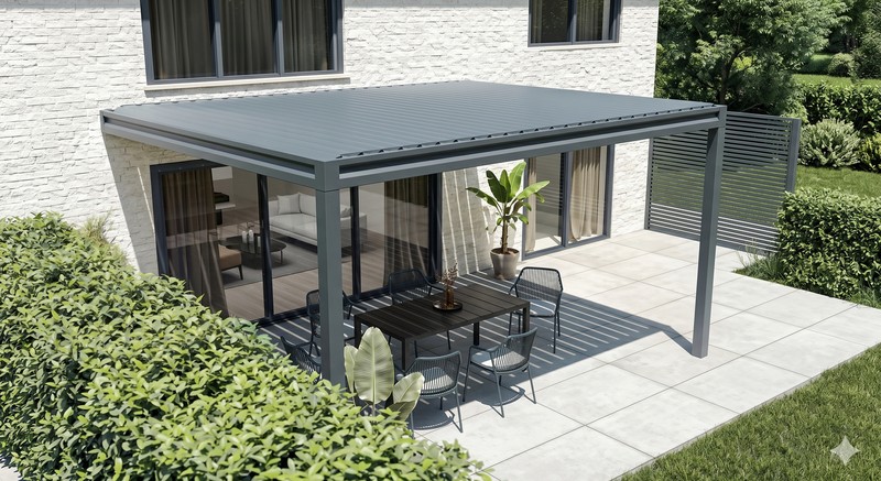 Pergola bioclimatique aluminium sur mesure à lames orientables - terrasse avec salon repas