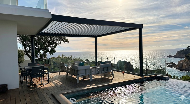 Pergola bioclimatique aluminium en bord de mer - salon de terrasse face à l'océan