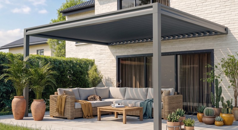 Pergola bioclimatique aluminium anthracite - salon d'extérieur sur terrasse