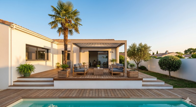 Pergola bioclimatique adossée à une villa - terrasse bois et piscine