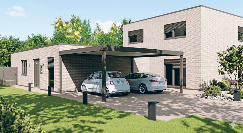 Carport aluminium adossé à une maison moderne - abri voiture sur mesure